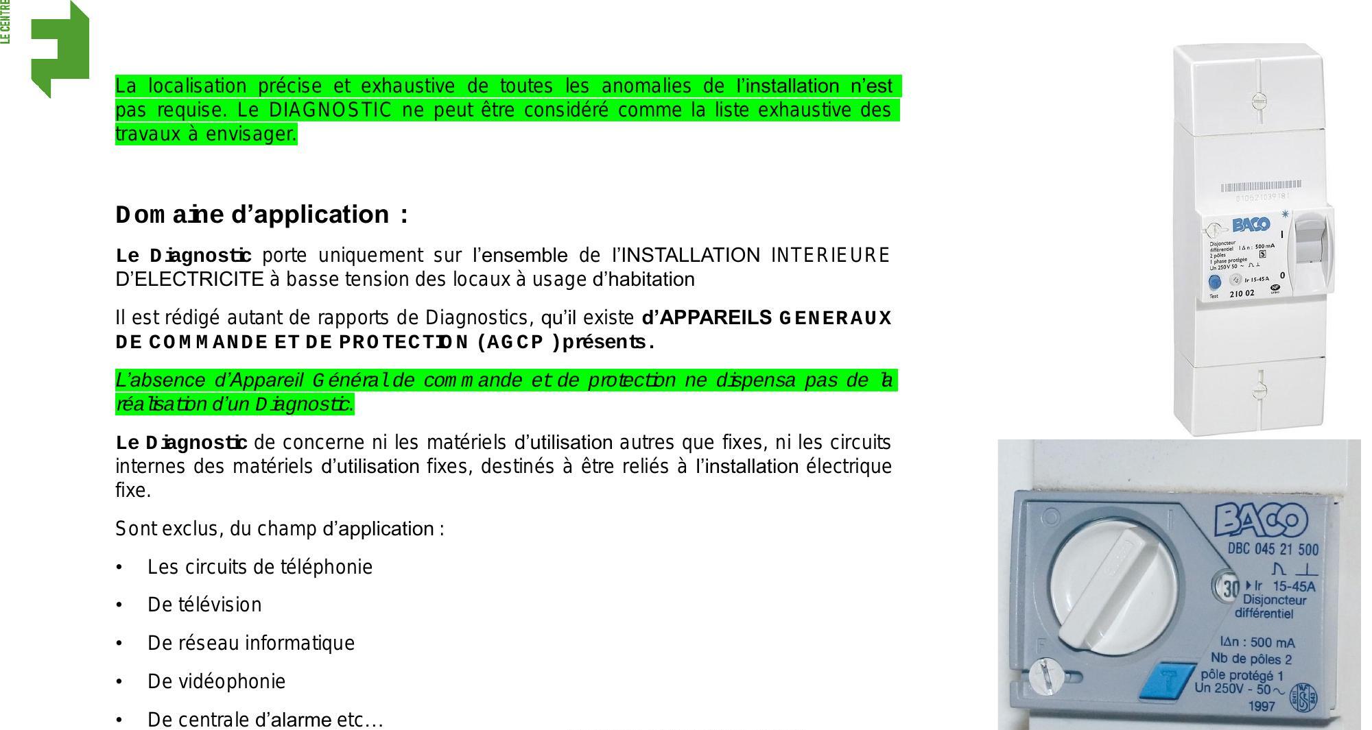 Texte sur le domaine d'application du diagnostic et deux photos de disjoncteurs différentiels.