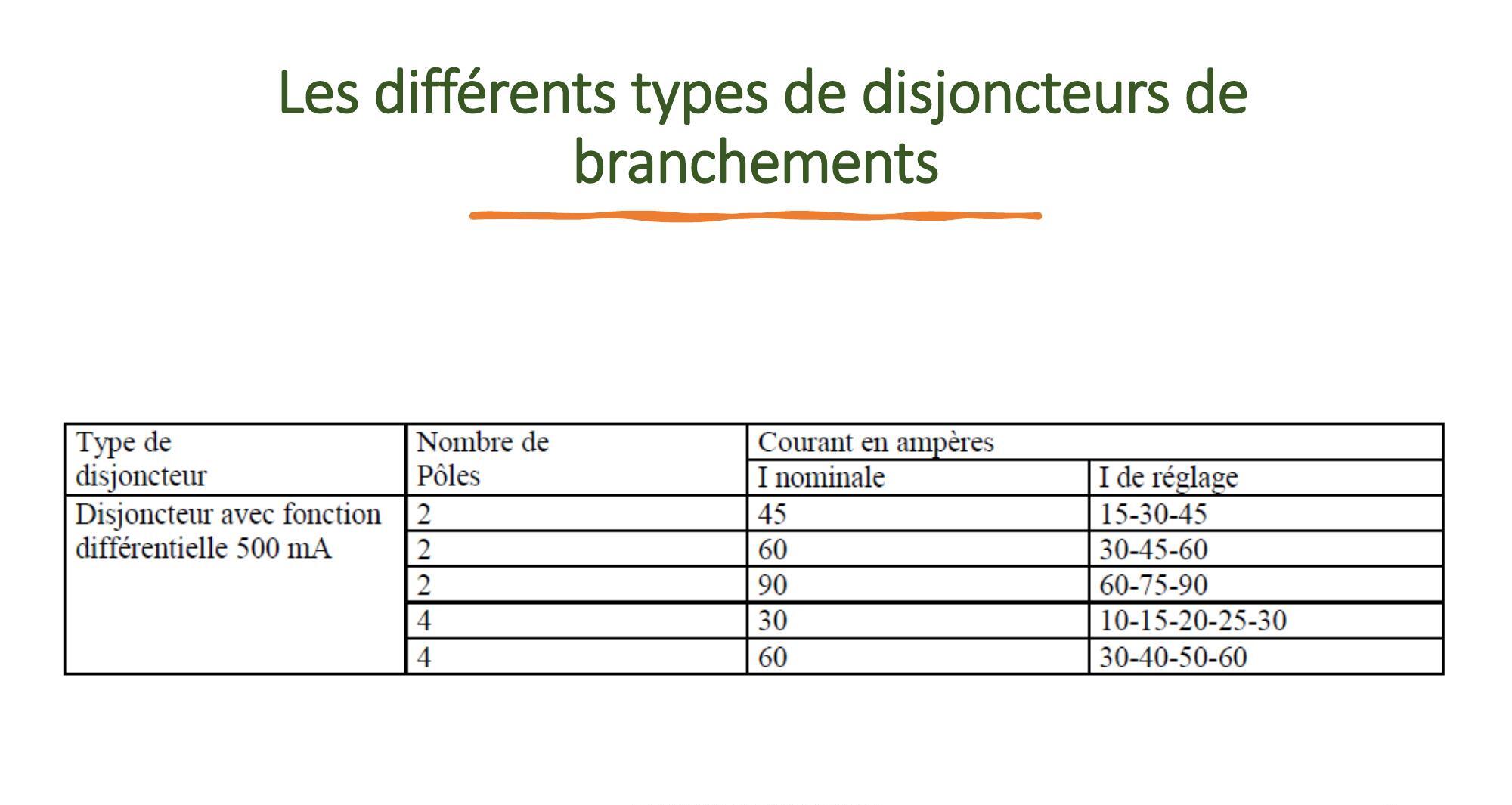 Un tableau liste les différents types de disjoncteurs de branchement avec leurs caractéristiques principales.