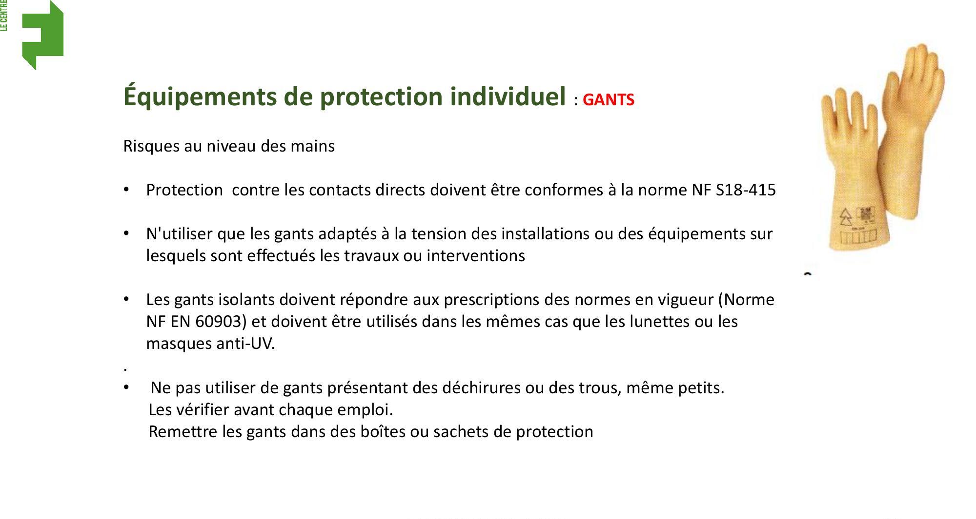 Image de gants de protection isolants présentée avec du texte sur les équipements de protection individuels.