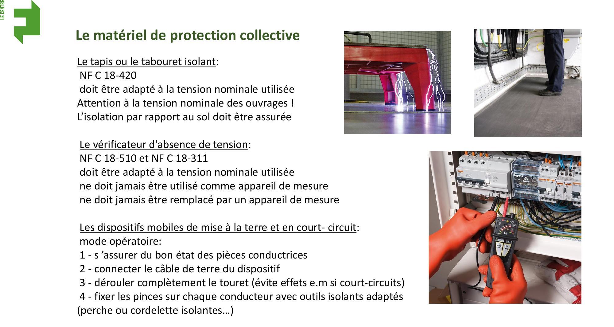Trois photos illustrent différents matériaux de protection collective avec le texte descriptif.