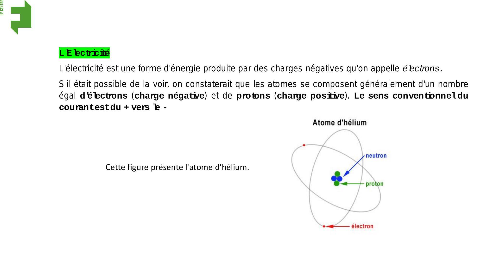Un schéma montre l'atome d'hélium avec ses électrons, protons et neutrons.