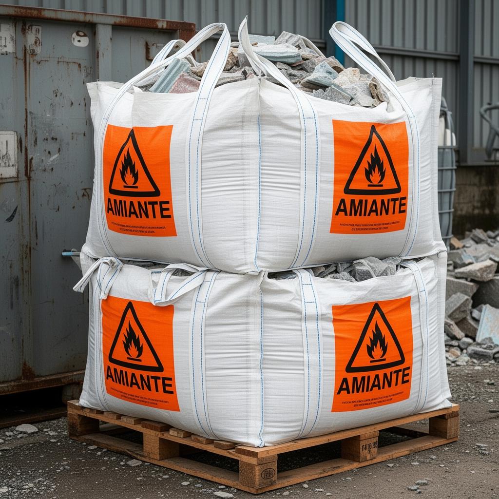 Big-bags de déchets amiantés étiquetés