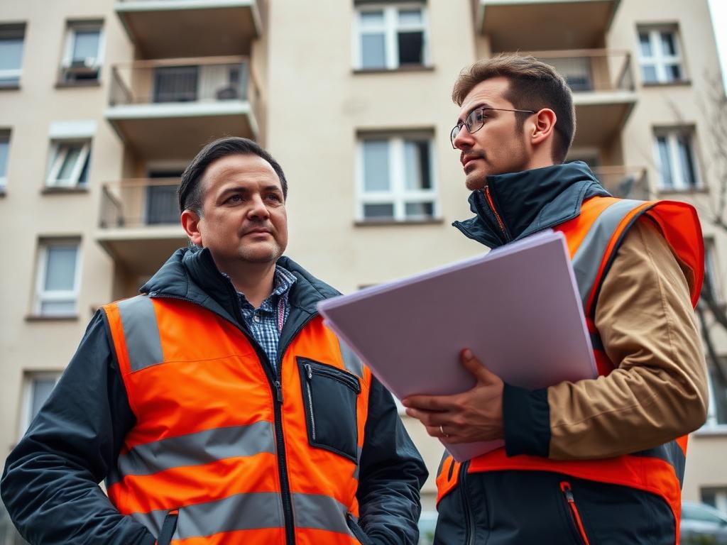 Diagnostiqueur tenant un dossier DTA devant un immeuble collectif