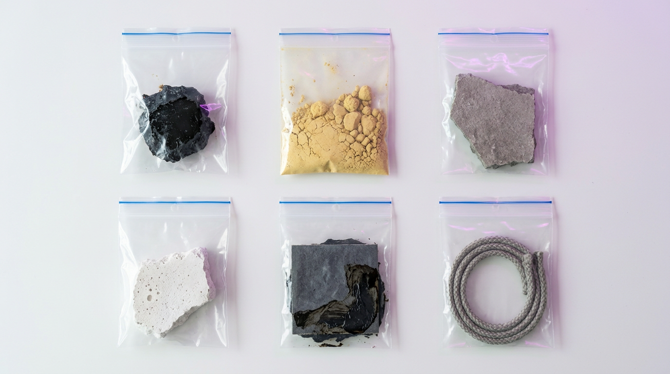 Échantillons amiante en sachets zip étiquetés sur paillasse de laboratoire