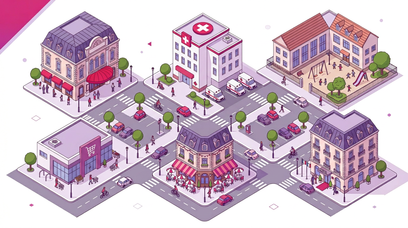 Différents types d'ERP : théâtre, hôpital, école, supermarché, restaurant, hôtel