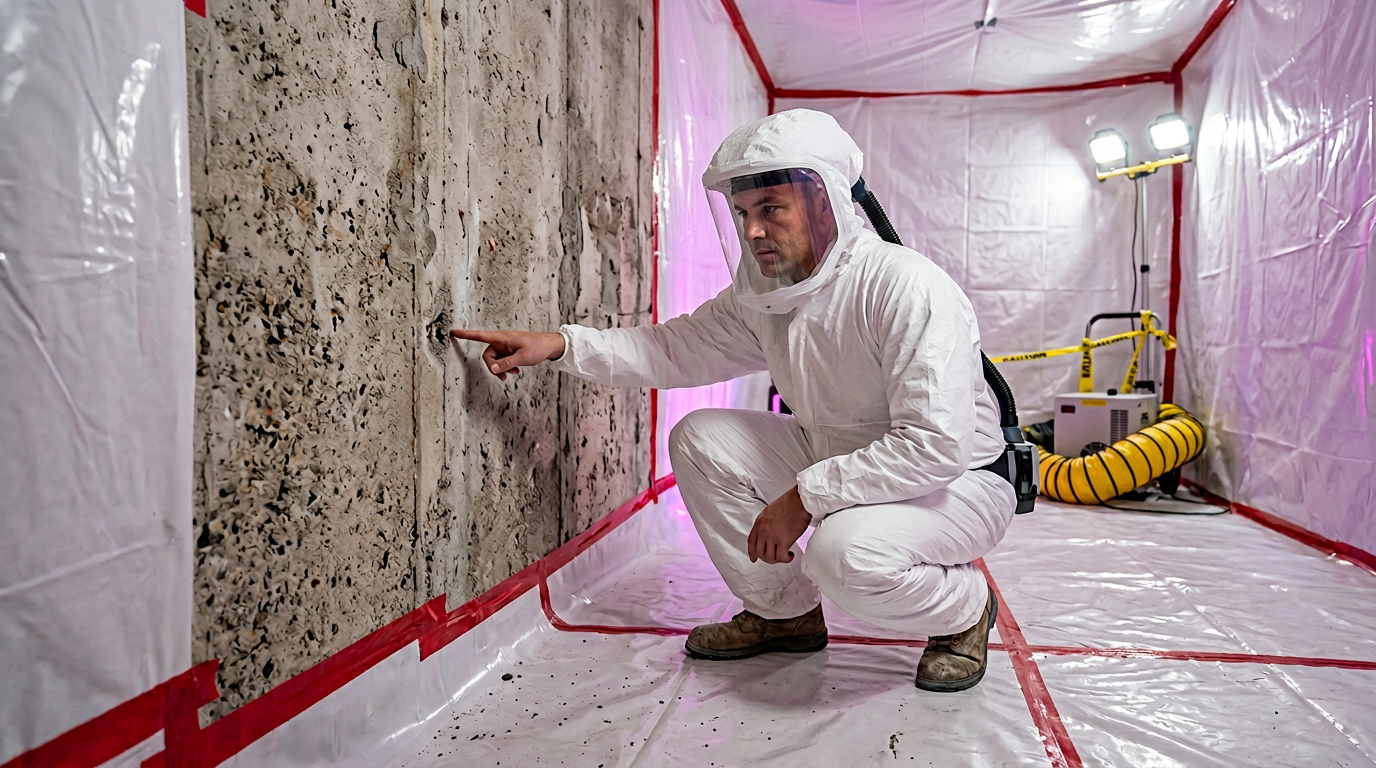 Opérateur en EPI inspectant une surface après désamiantage en zone confinée — NF X 46-021