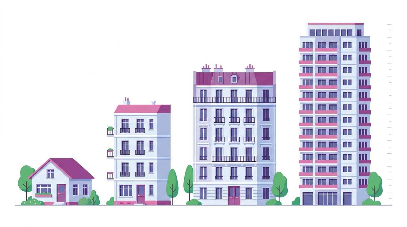 Comparaison visuelle des 4 familles d'habitations : maison, petit immeuble, immeuble urbain, tour résidentielle
