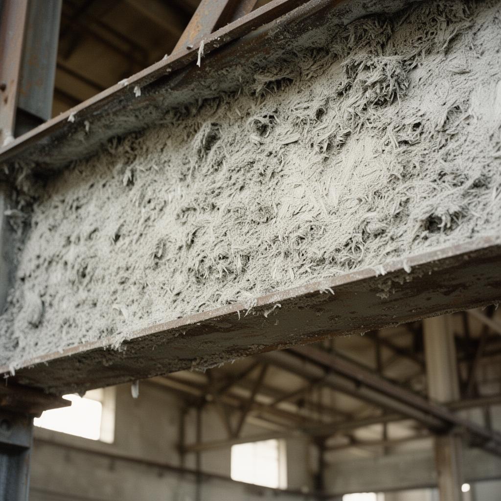 Flocage amianté projeté sur structure métallique