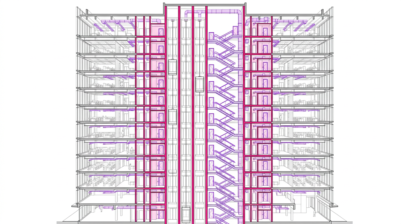 Coupe d'un IGH — structure, escaliers, gaines techniques et SAS d'intercommunication