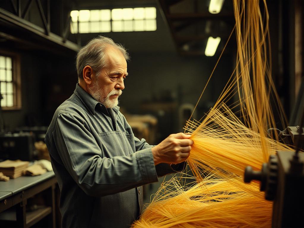 Ouvrier d'usine manipulant des fibres d'amiante sans protection
