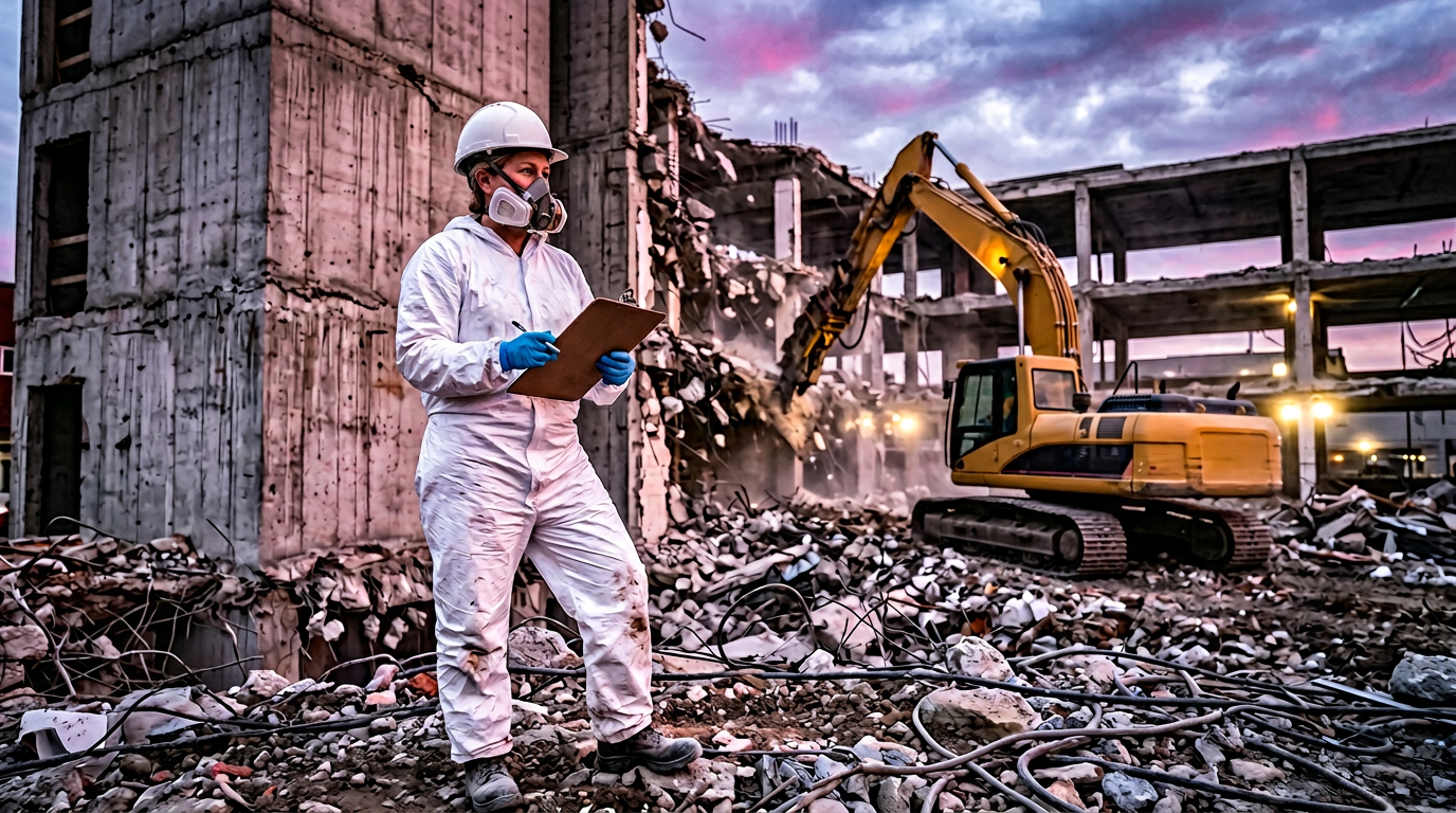 Diagnostiqueur amiante en EPI sur un chantier de démolition — repérage liste C