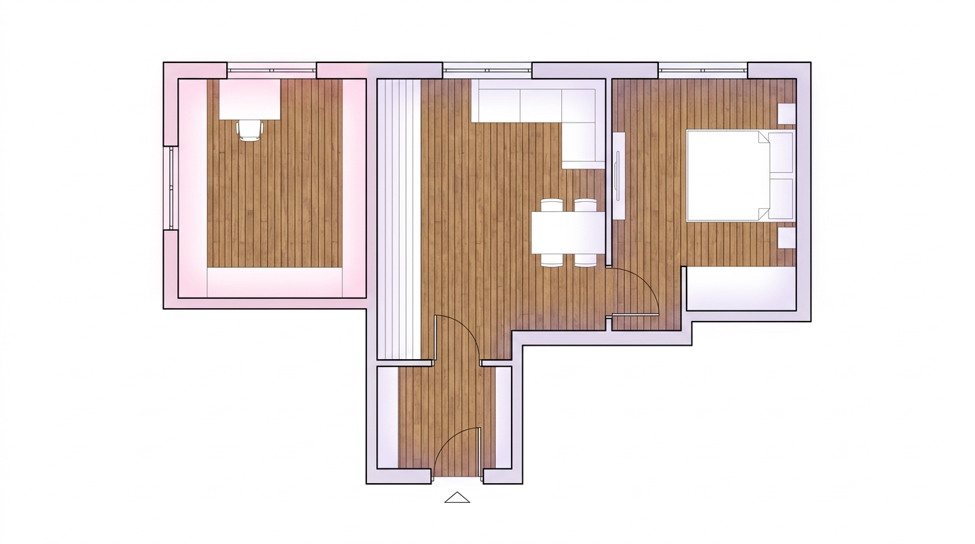 Plan d'appartement illustrant une ZPSO continue interrompue par un mur de refend